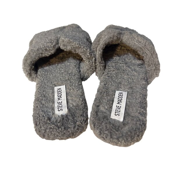 Steve Madden Womens Gray Fuzzy Open-Toe Slide Slippers Size 8 - Picture 4 of 5
